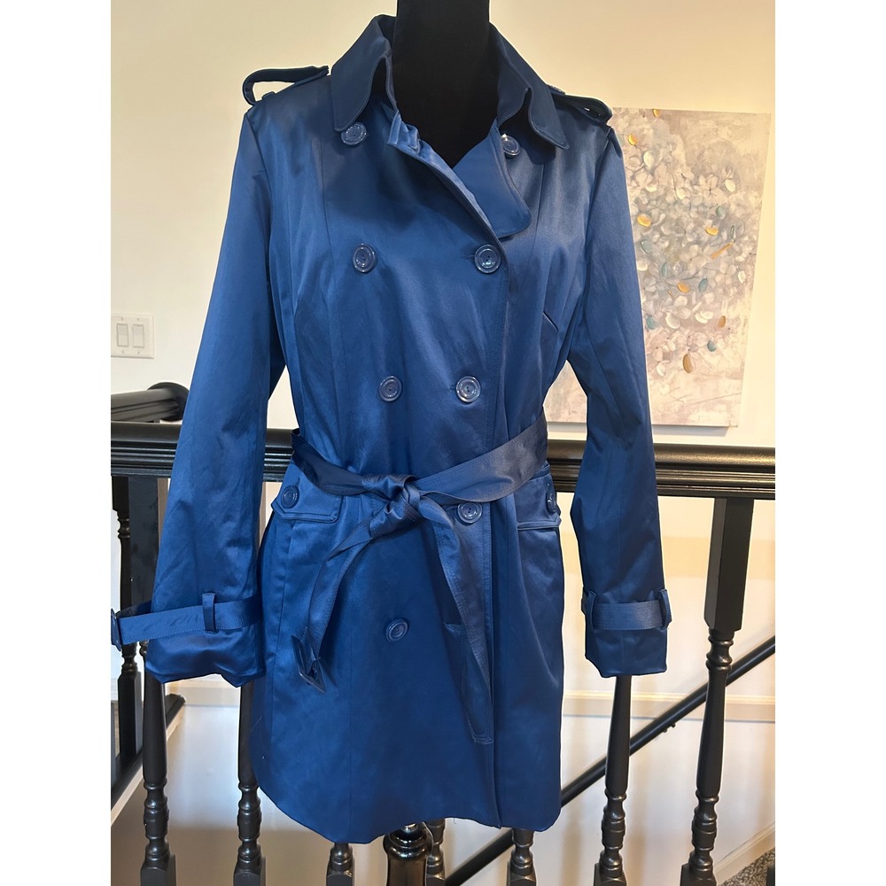 Joan Rivers Navy Blue Double Breasted Trench Coat Leopard Print Lining Medium